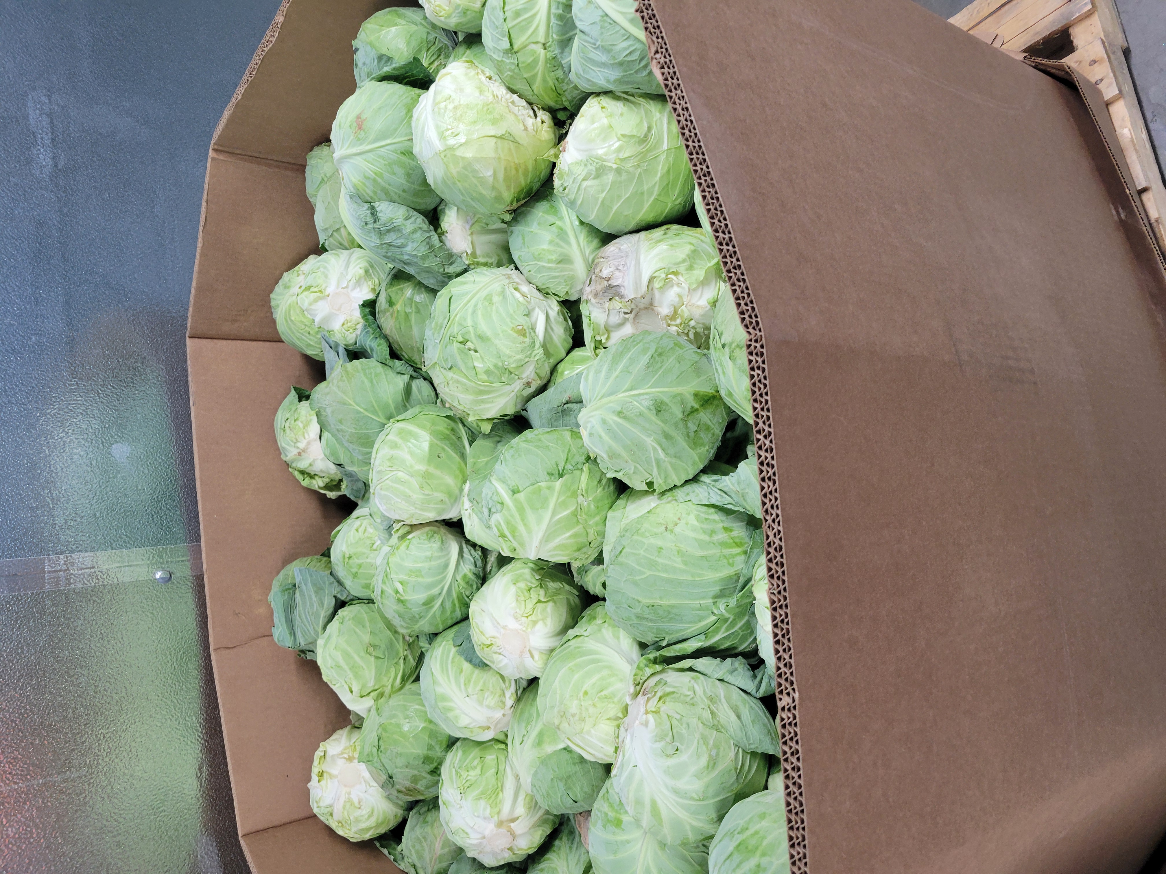 Cardboard container full of heads of lettuce.